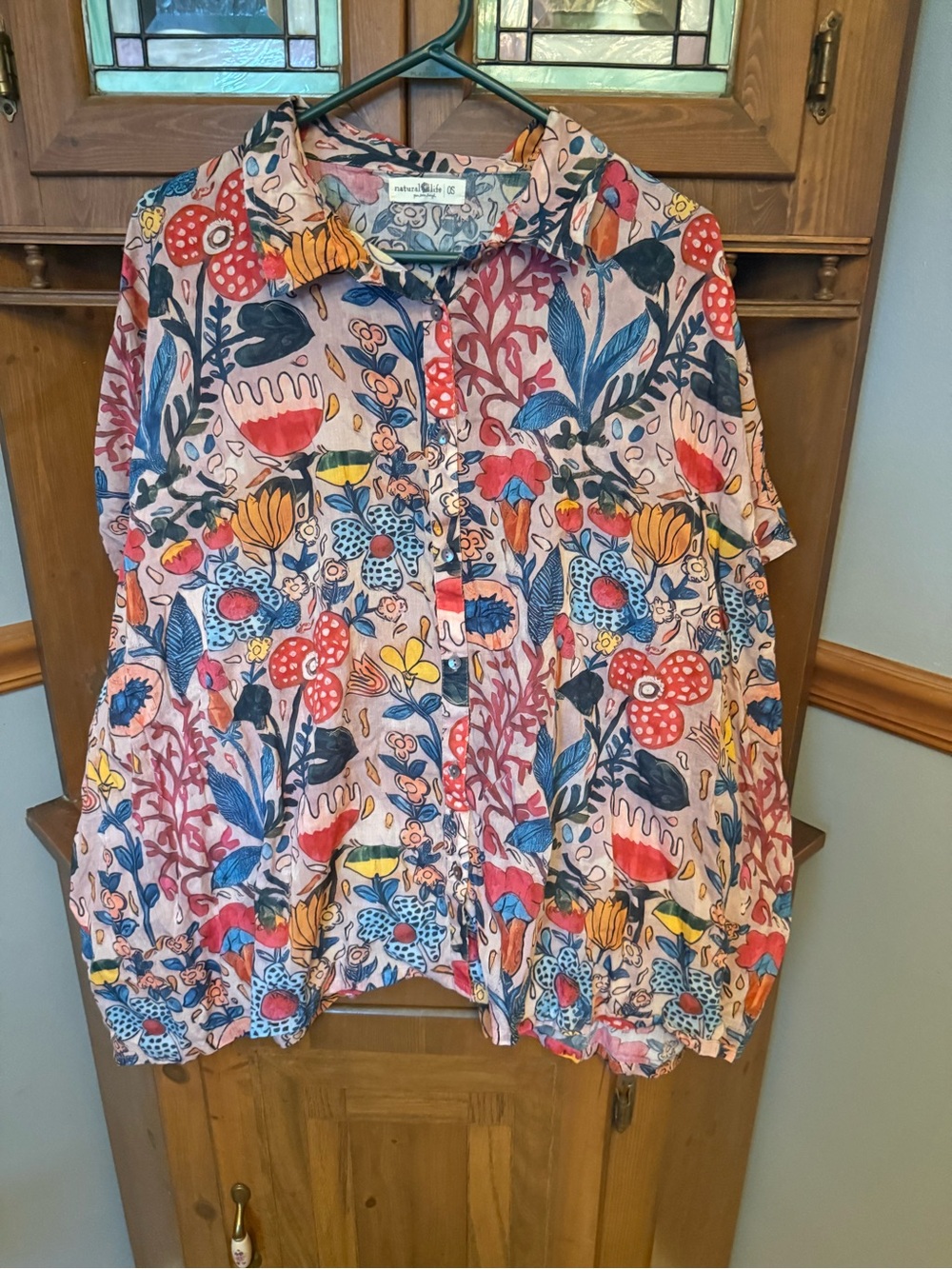 Natural Life Kelly Oversized Cotton Button-Down Shirt  Boho Floral pattern OS